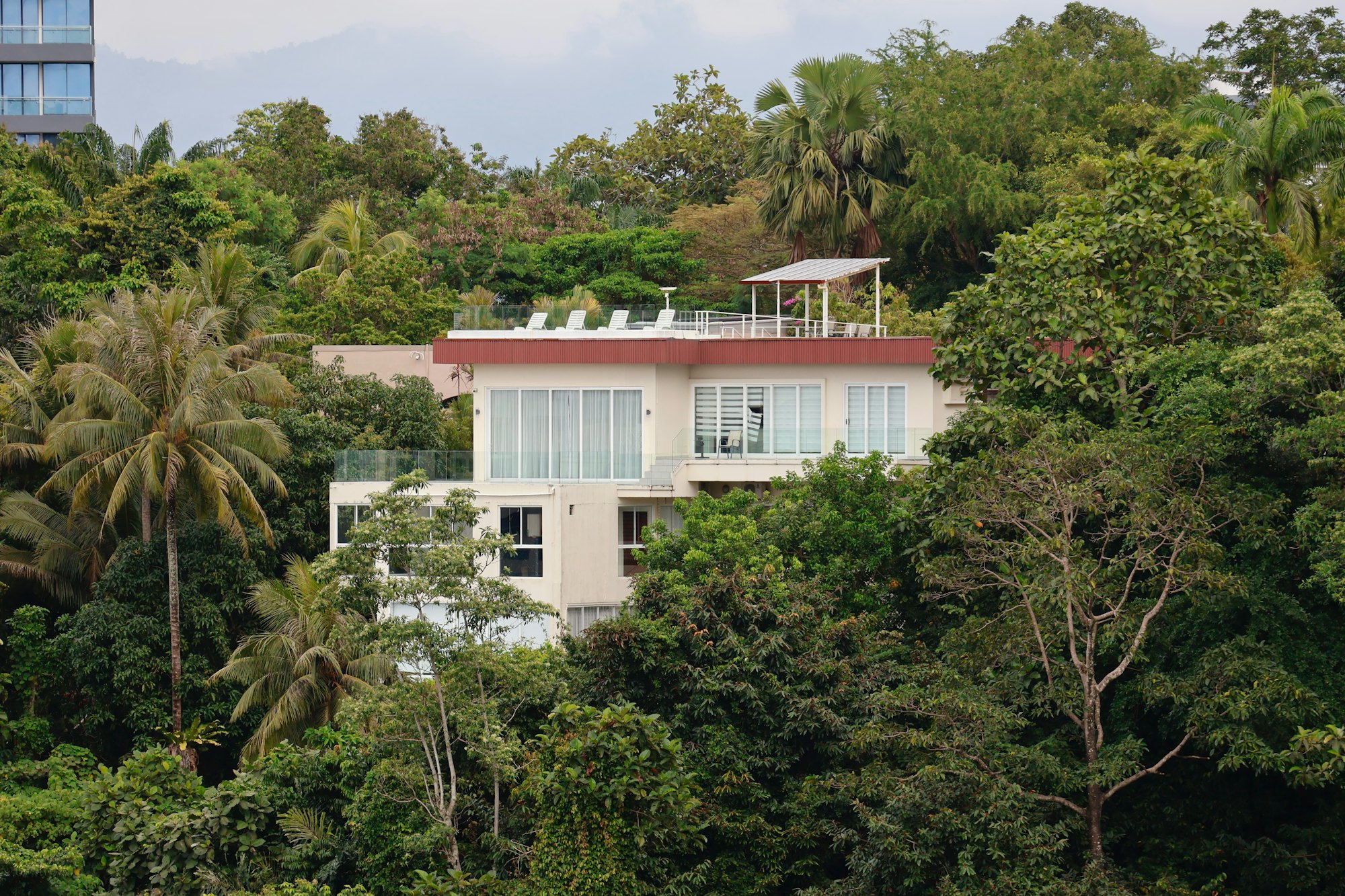 The house seen from below, set into the hillside above Santa Ana