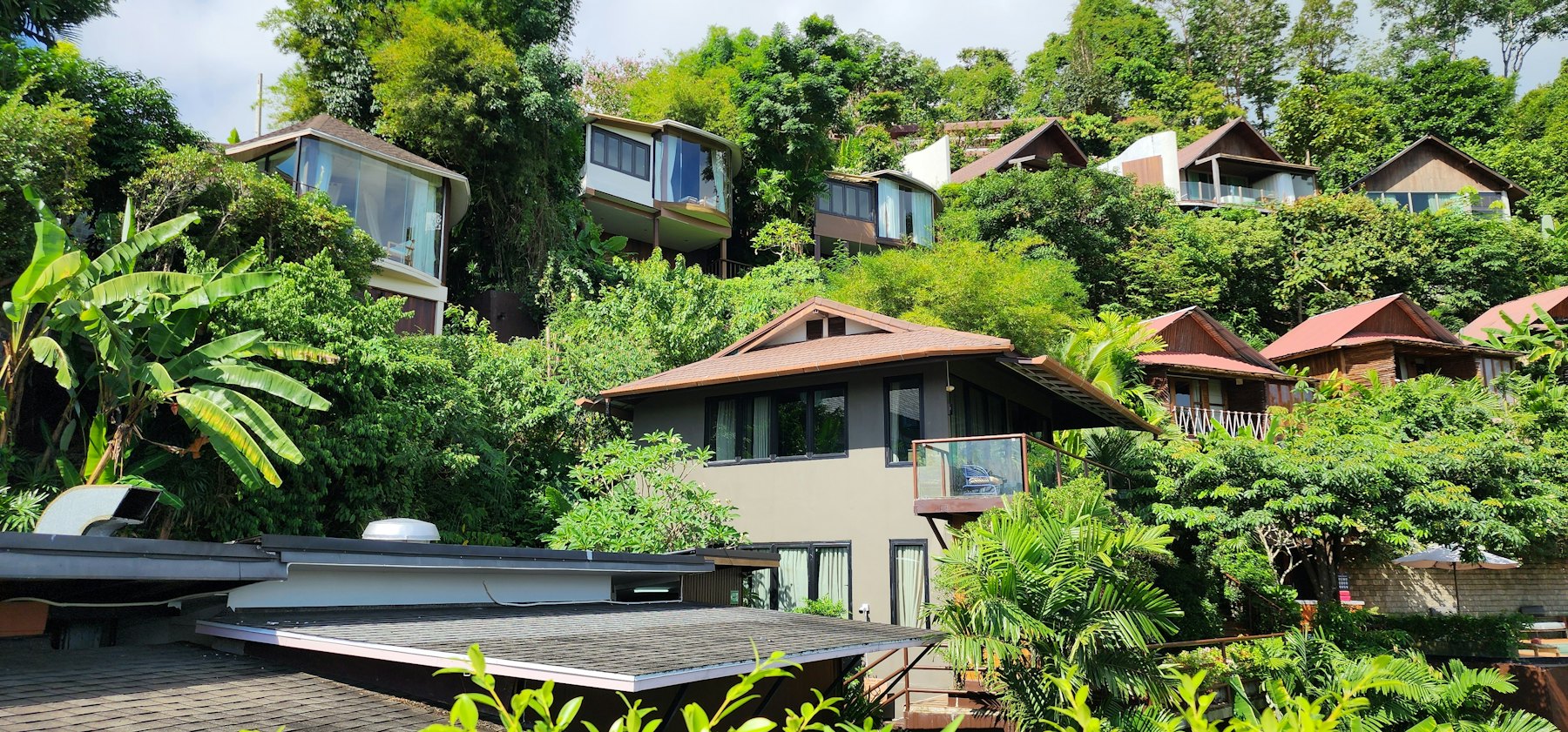 Houses set into a green hillside above Santa Ana