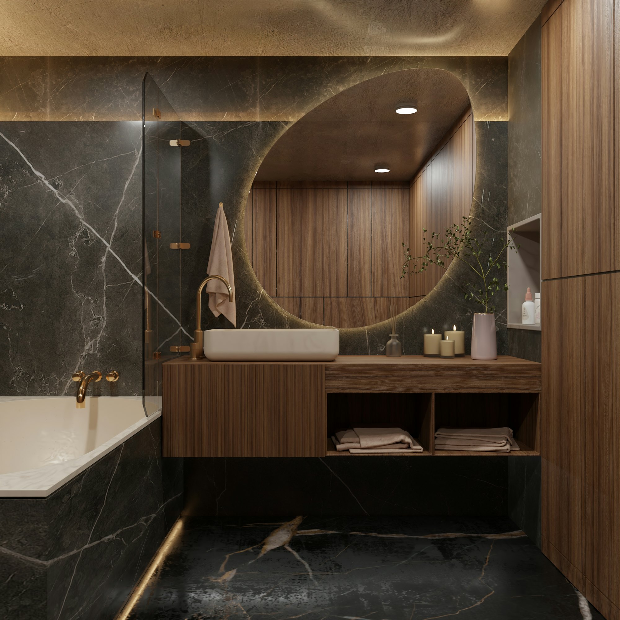 Primary bathroom in dark timber and stone