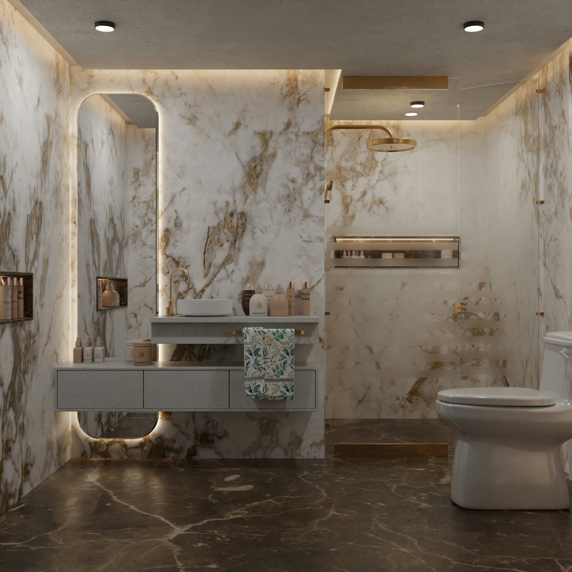 Bathroom finished in pale marble and polished concrete